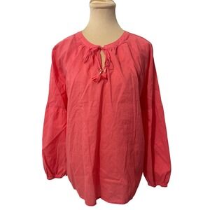 Chicos Coral‎ Pink Tie Neck Tassel Blouse Balloon Sleeve Casual Boho Festive 2